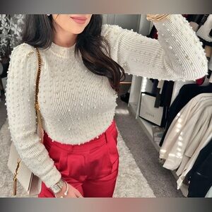 Express NWT white pearl embellished beaded rib knit top, ribbed top long sleeve